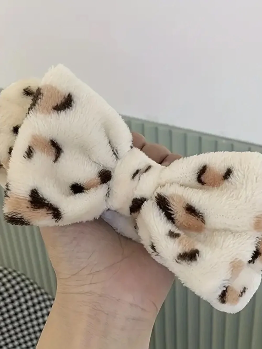 NEW Plush Leopard Print Bow Headband Cream and Brown